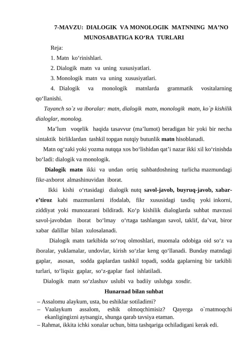 DIALOGIK VA MONOLOGIK MATNNING MA’NO MUNOSABATIGA KO‘RA TURLARI 1
