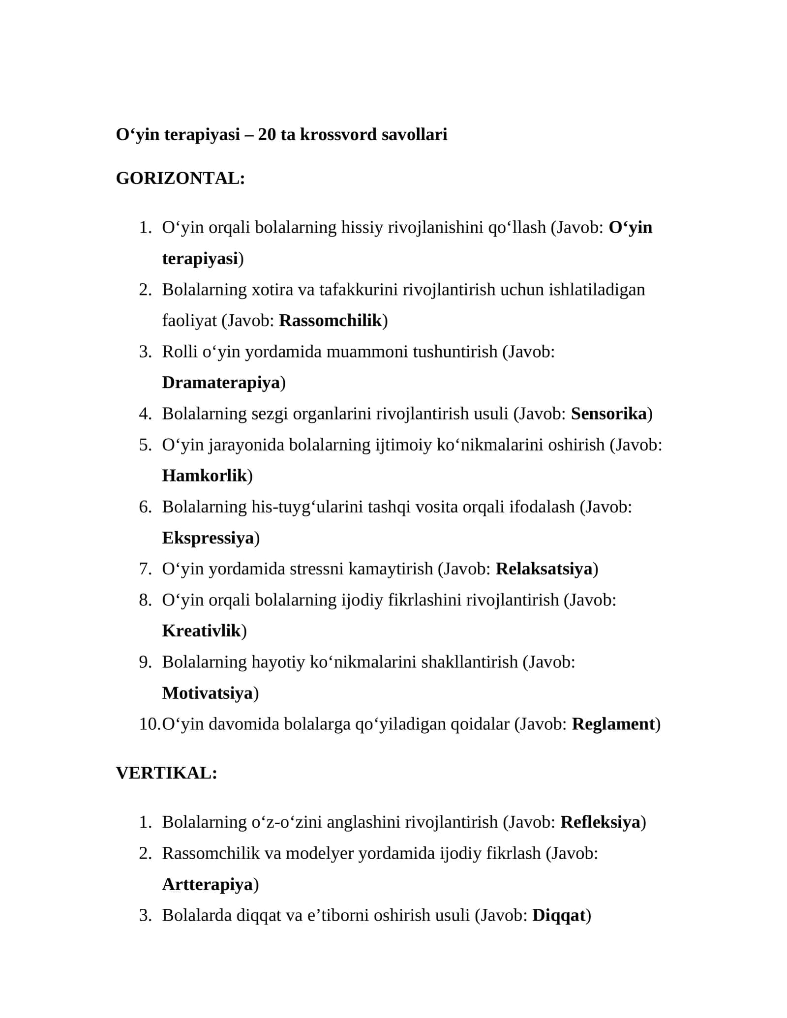 O‘yin terapiyasi – 20 ta krossvord savollari 1