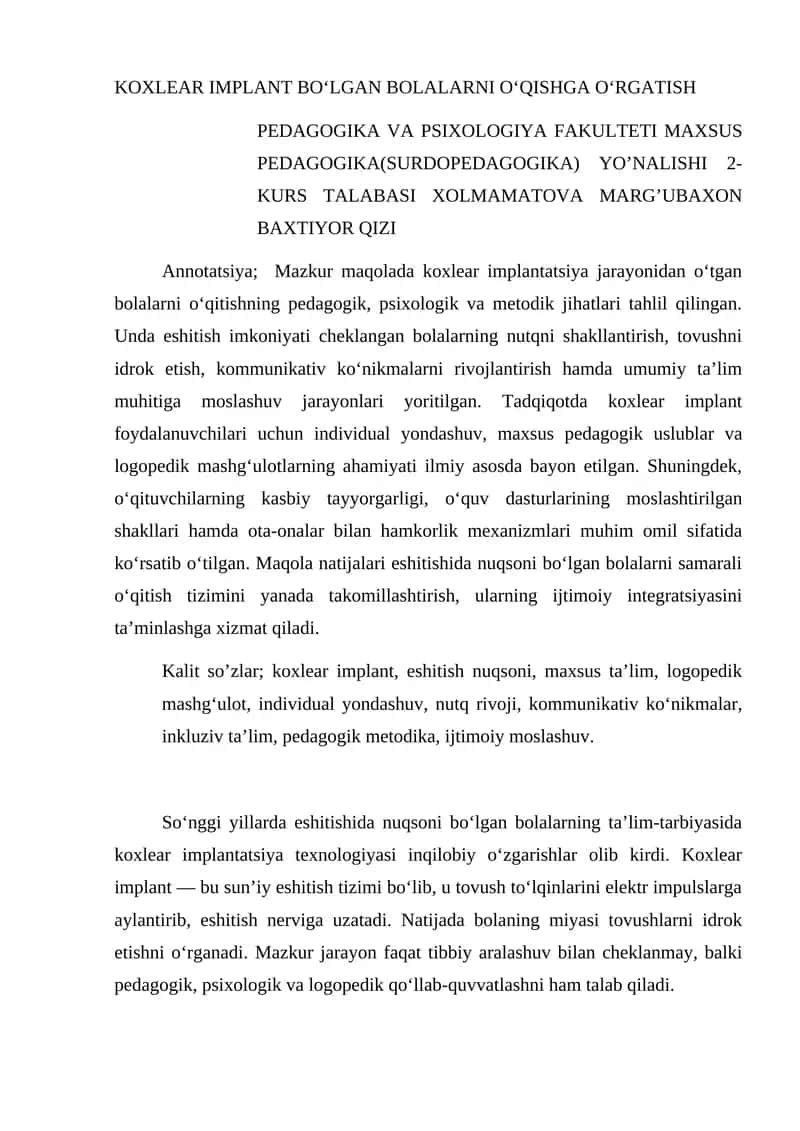 KOXLEAR IMPLANT BO‘LGAN BOLALARNI O‘QISHGA O‘RGATISH 1