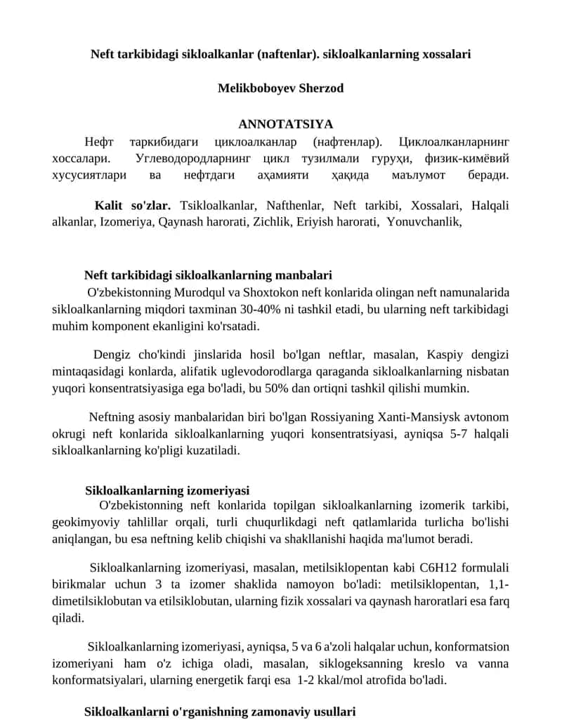 Neft tarkibidagi sikloalkanlar (naftenlar) 1