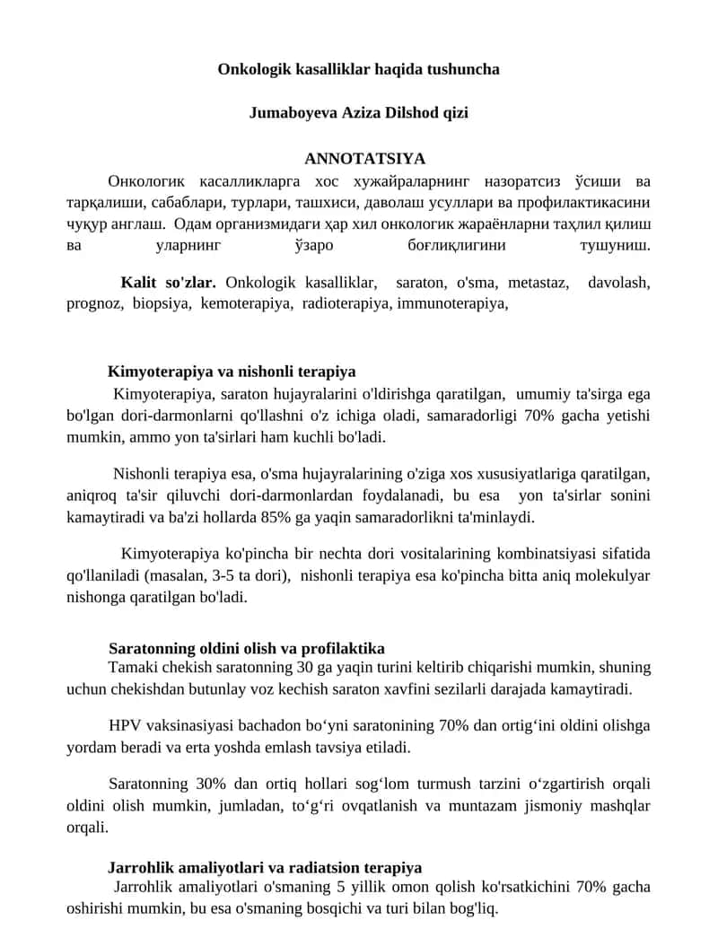 Onkologik kasalliklar haqida tushuncha 1