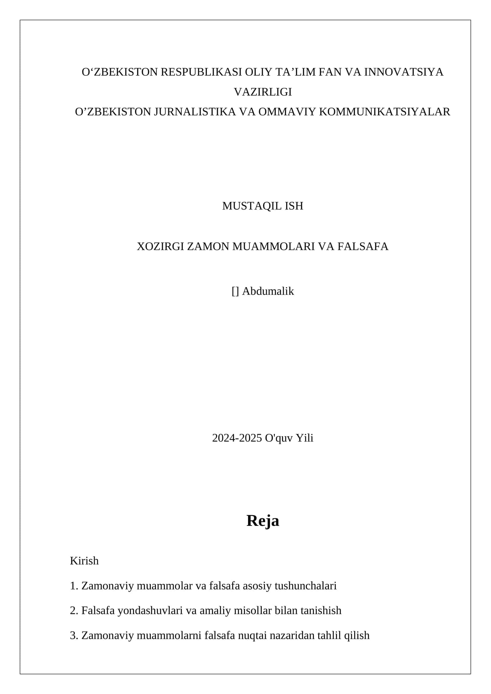 Zamonaviy muammolar va falsafa asosiy tushunchalari 1