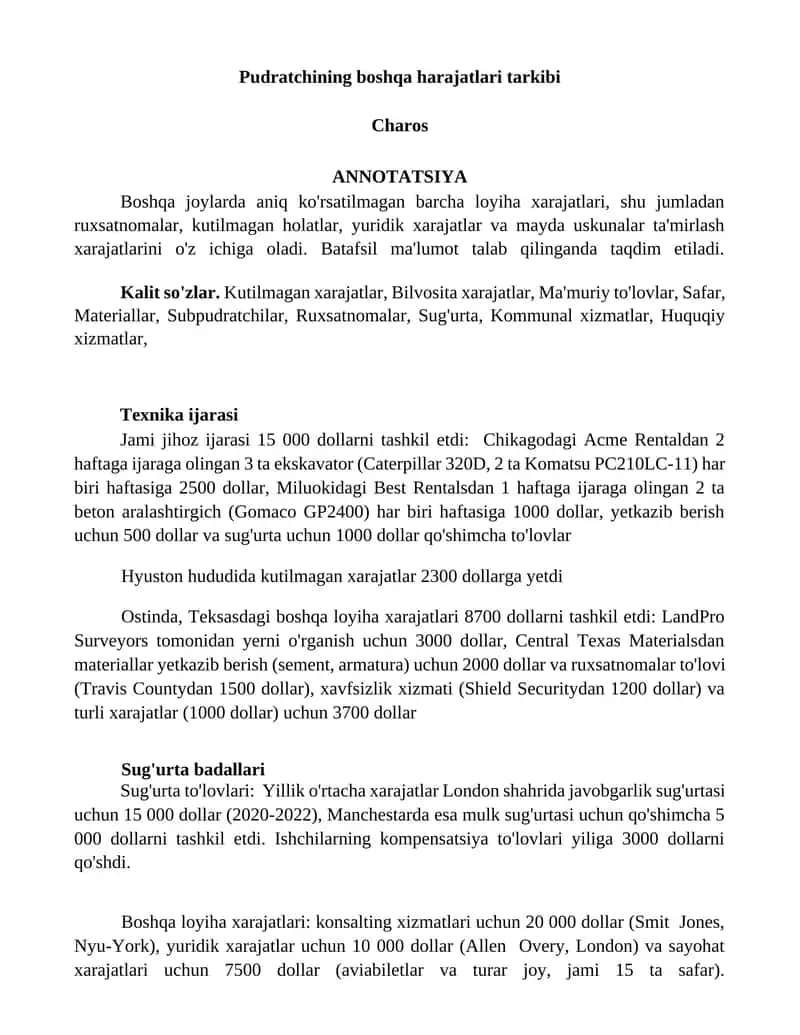 Pudratchining boshqa harajatlari tarkibi 1