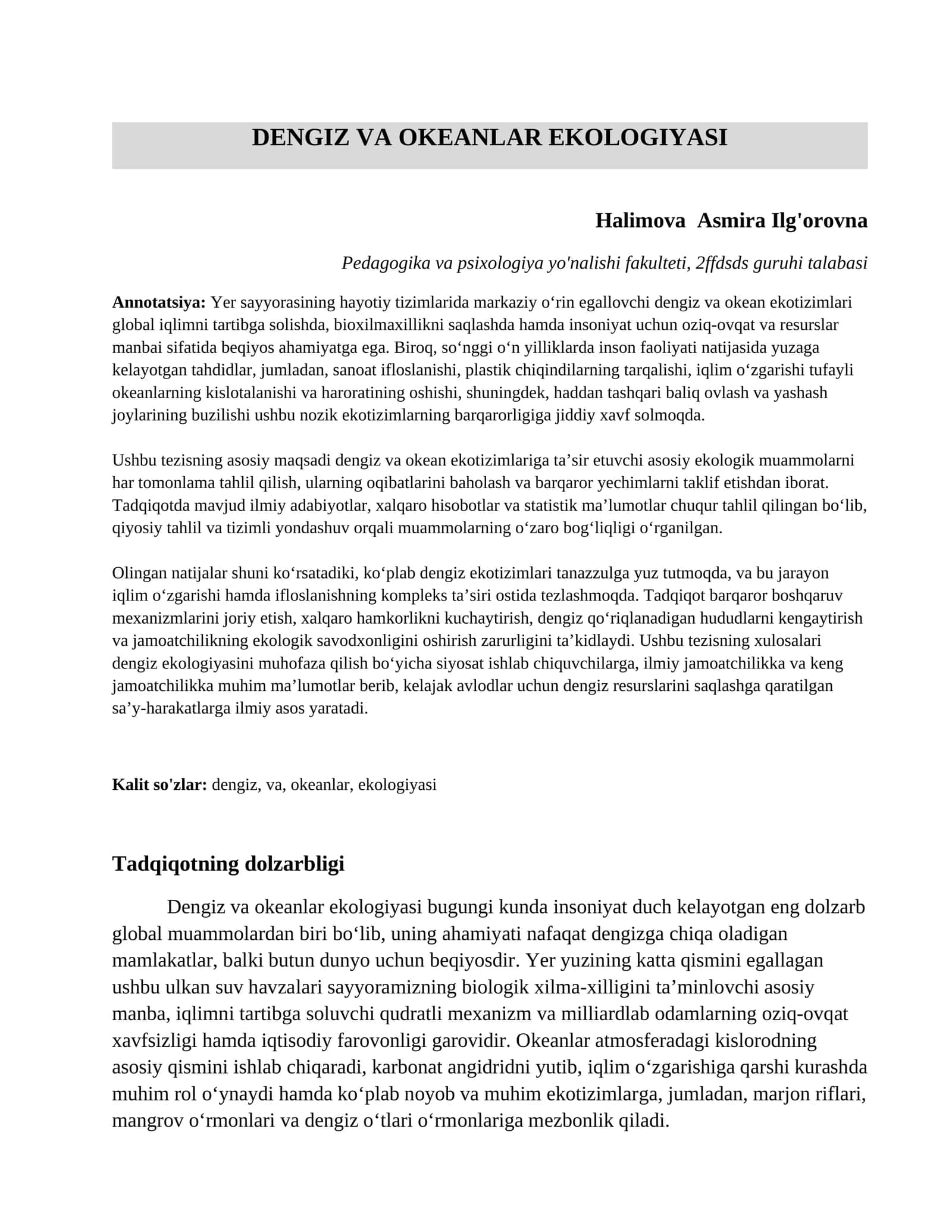 Dengiz va okeanlar ekologiyasi 1