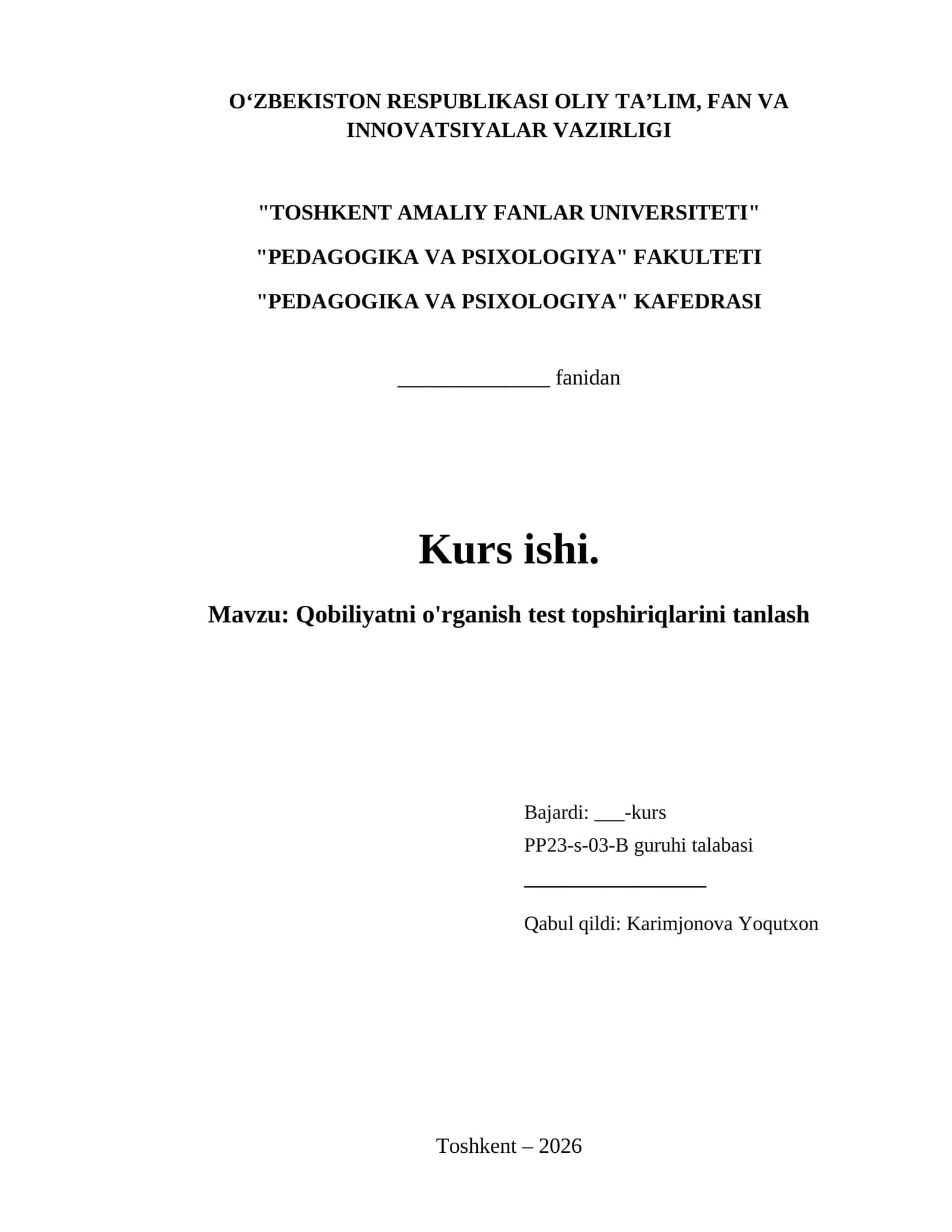 Qobiliyatni o'rganish test topshiriqlarini tanlash 1