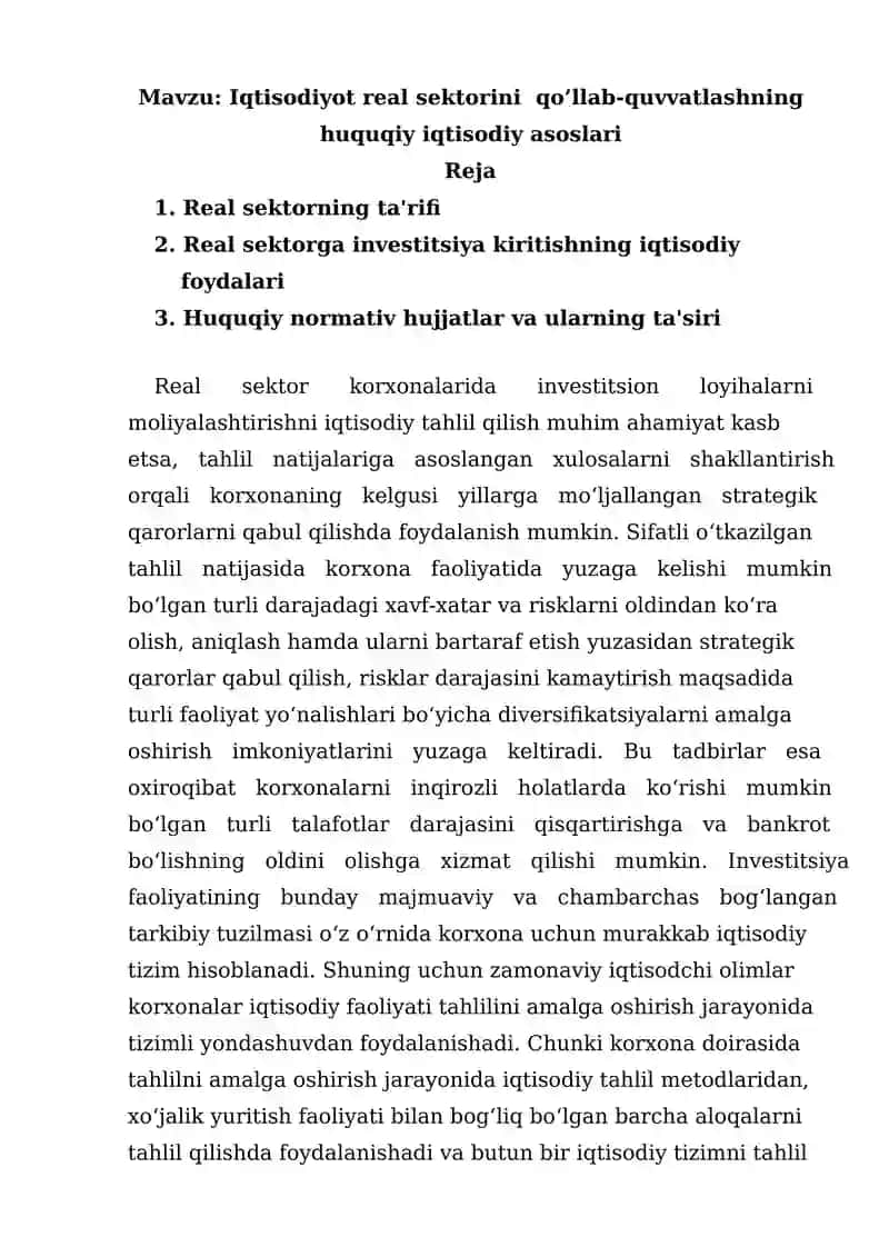 Iqtisodiyot real sektorini  qo’llab-quvvatlashning huquqiy iqtisodiy asoslari