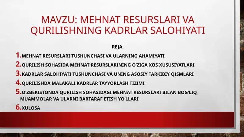 Mehnat resurslari va qurilishning kadrlar salohiyati 1