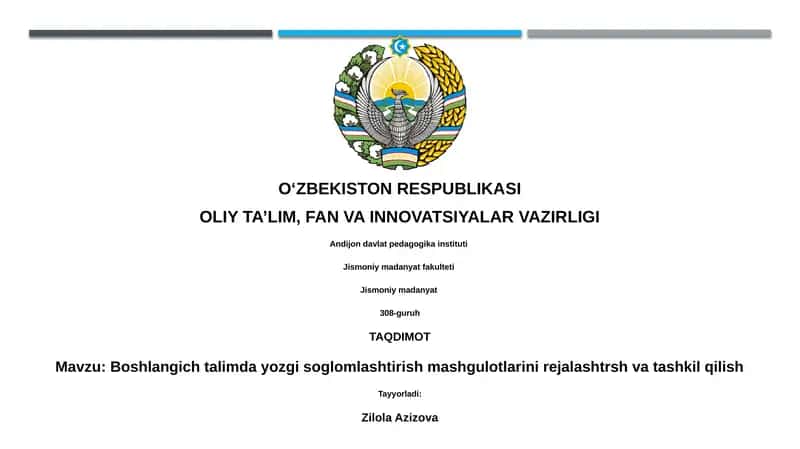 Boshlangich talimda yozgi sog'lomlashtirish mashgulotlarini rejalashtrsh va tashkil qilish 1