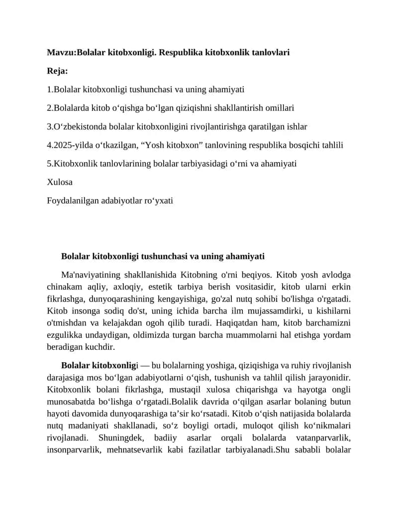 Bolalar kitobxonligi. Respublika kitobxonlik tanlovlari 1