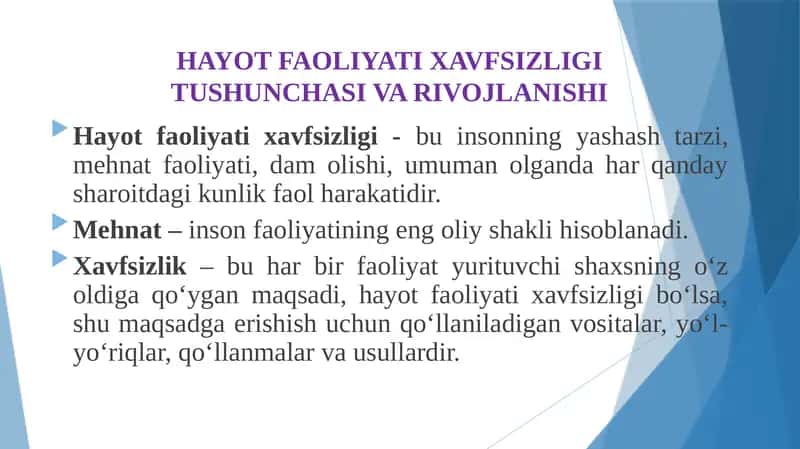 HAYOT FAOLIYATI XAVFSIZLIGITUSHUNCHASI VA RIVOJLANISHI 1