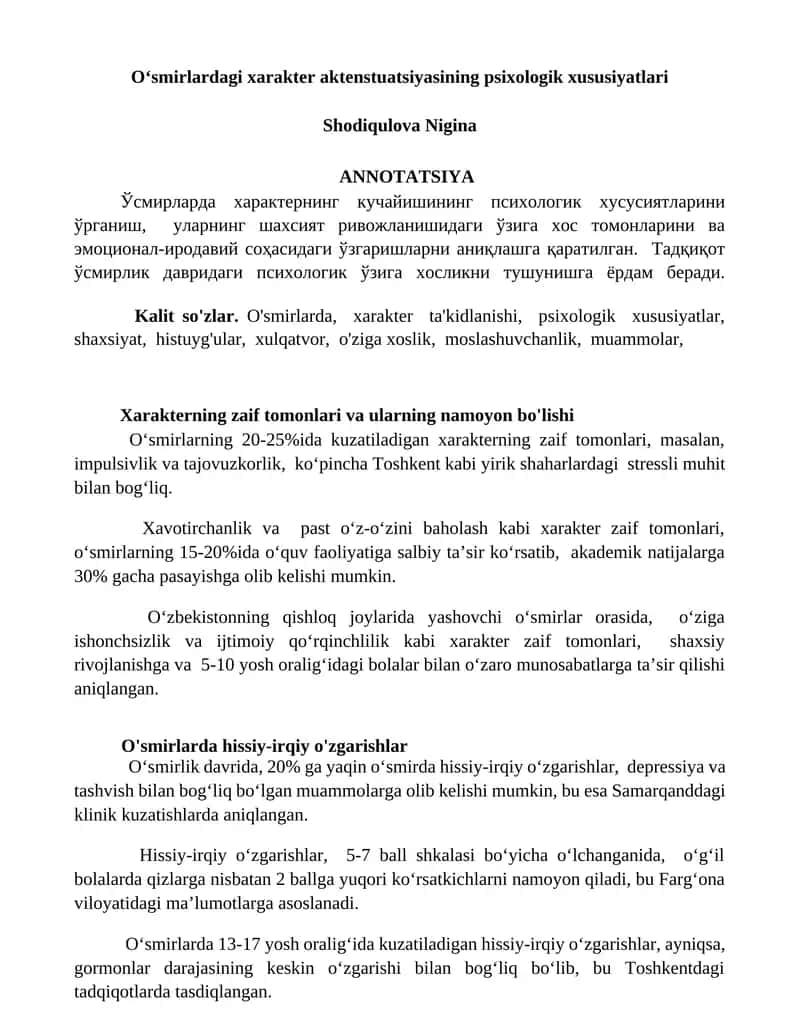 O‘smirlardagi xarakter aktenstuatsiyasining psixologik xususiyatlari 1