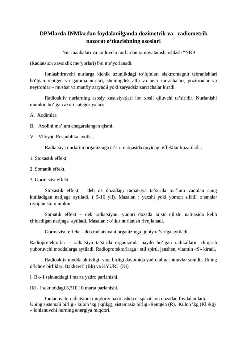 DPMlarda INMlardan foydalanilganda dozimetrik va radiometrik nazorat o‘tkazishning asoslari 1