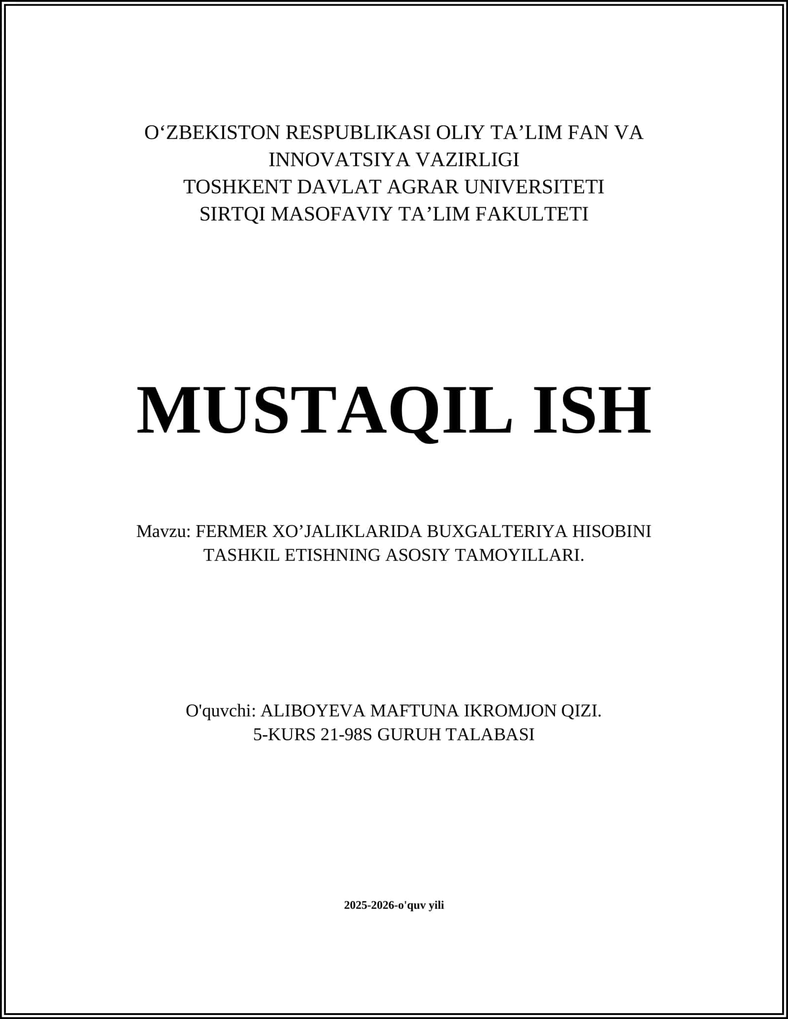 FERMER XO’JALIKLARIDA BUXGALTERIYA HISOBINI TASHKIL ETISHNING ASOSIY TAMOYILLARI 1