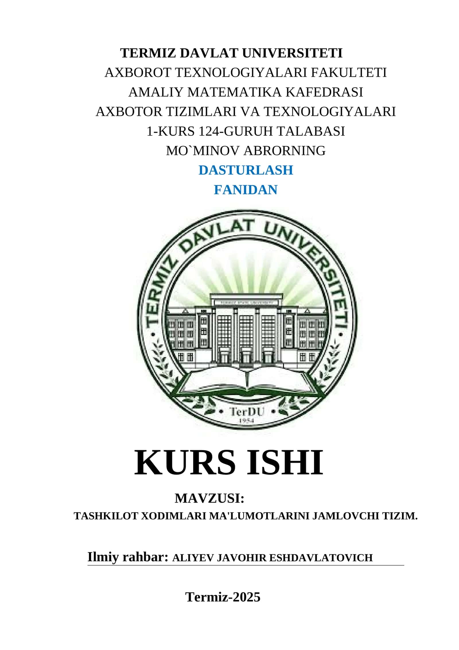 Tashkilot xodimlari ma'lumotlarini jamlovchi tizim 1