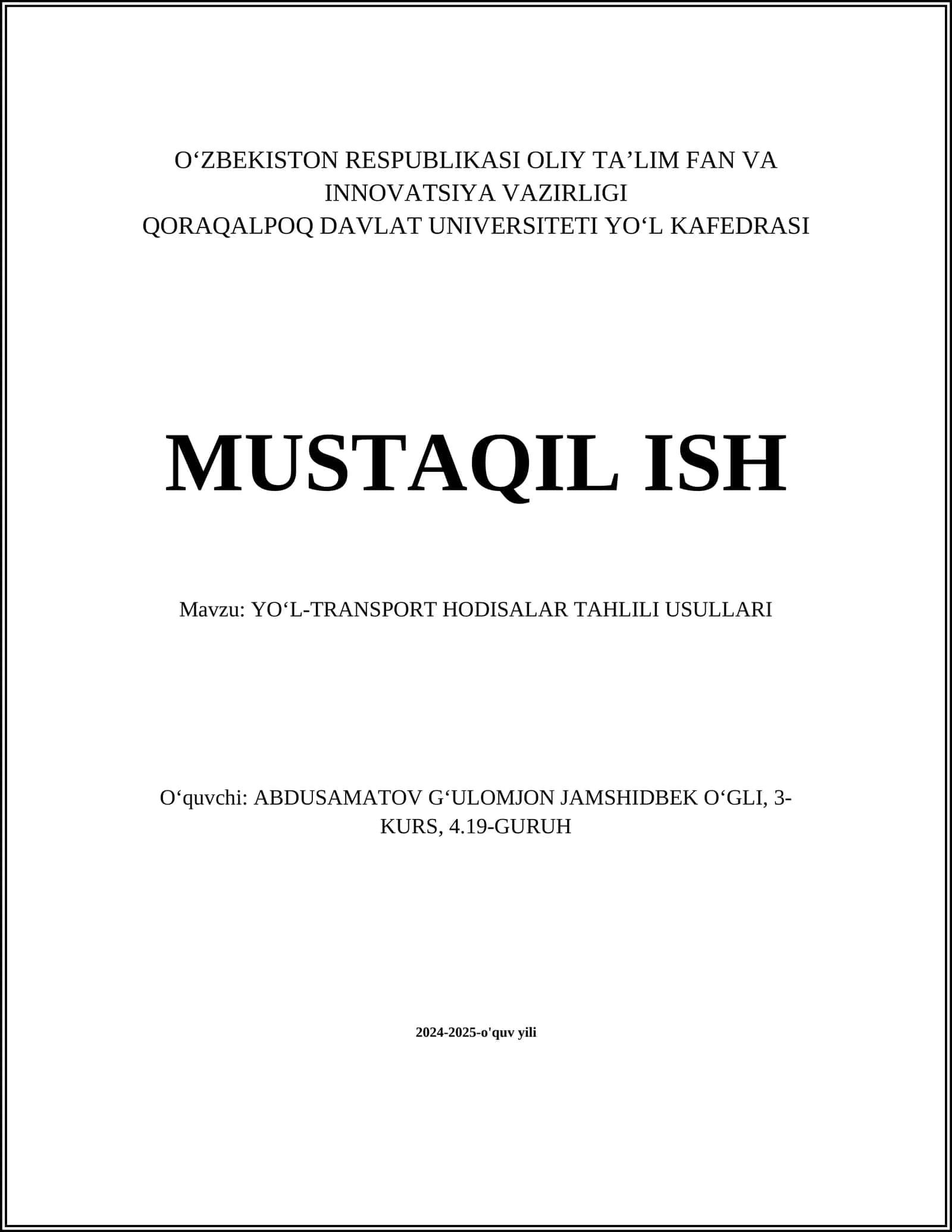 YO'ʻL-TRANSPORT HODISALAR TAHLILI USULLARI 1