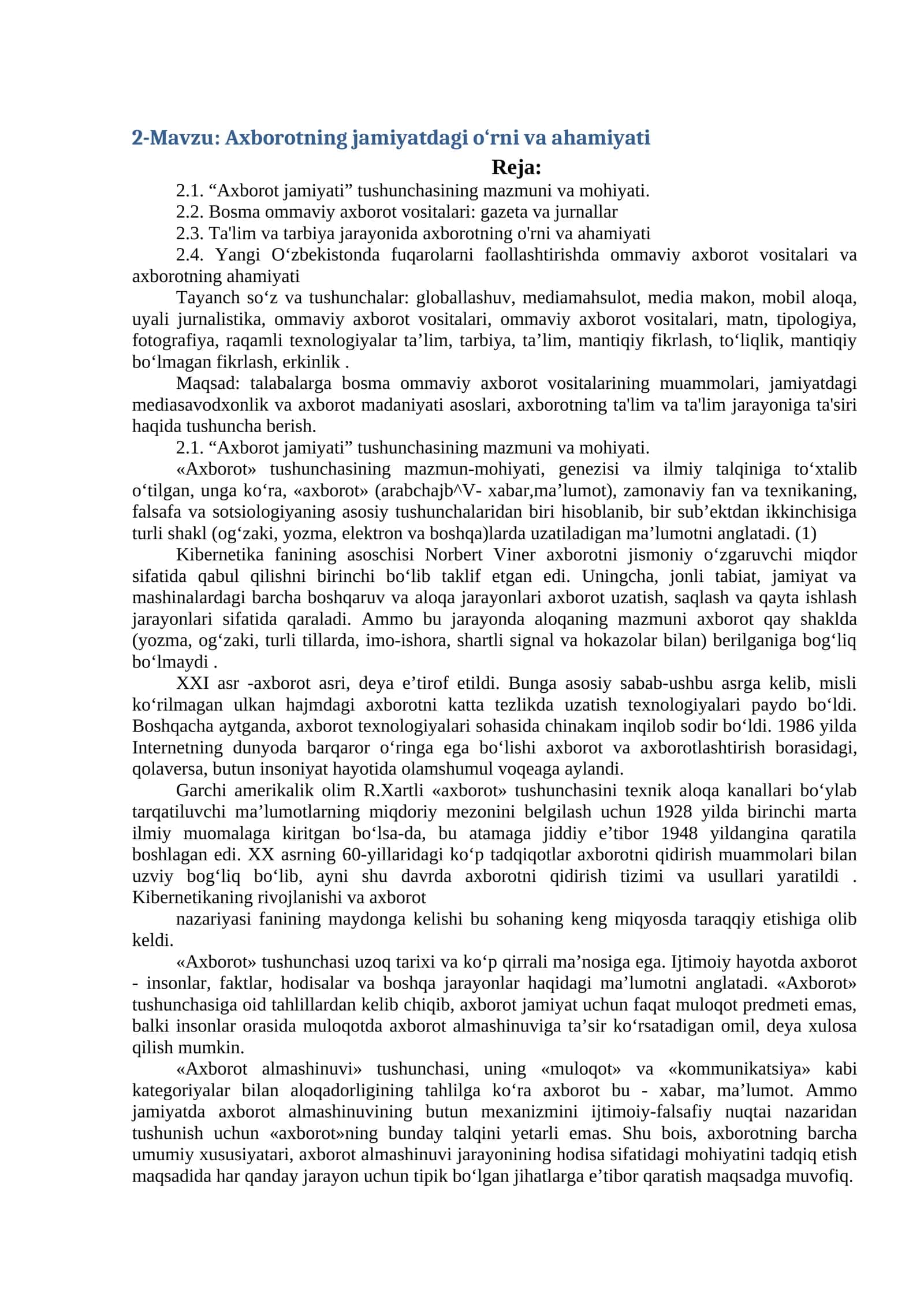 Axborotning jamiyatdagi o‘rni va ahamiyati 1