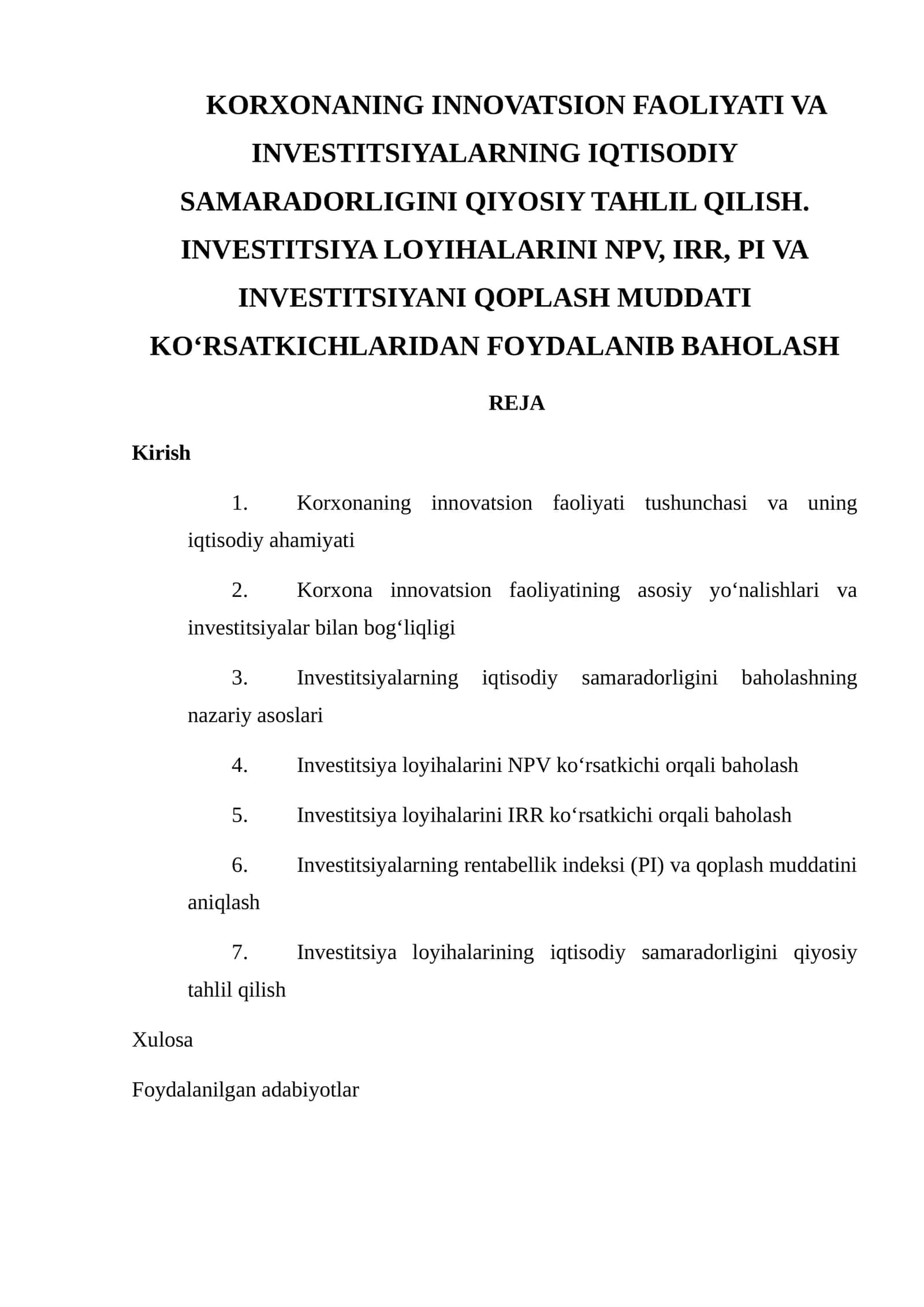 Korxonaning innovatsion faoliyati va investitsiyalarning iqtisodiy samaradorligini qiyosiy tahlil qilish 1