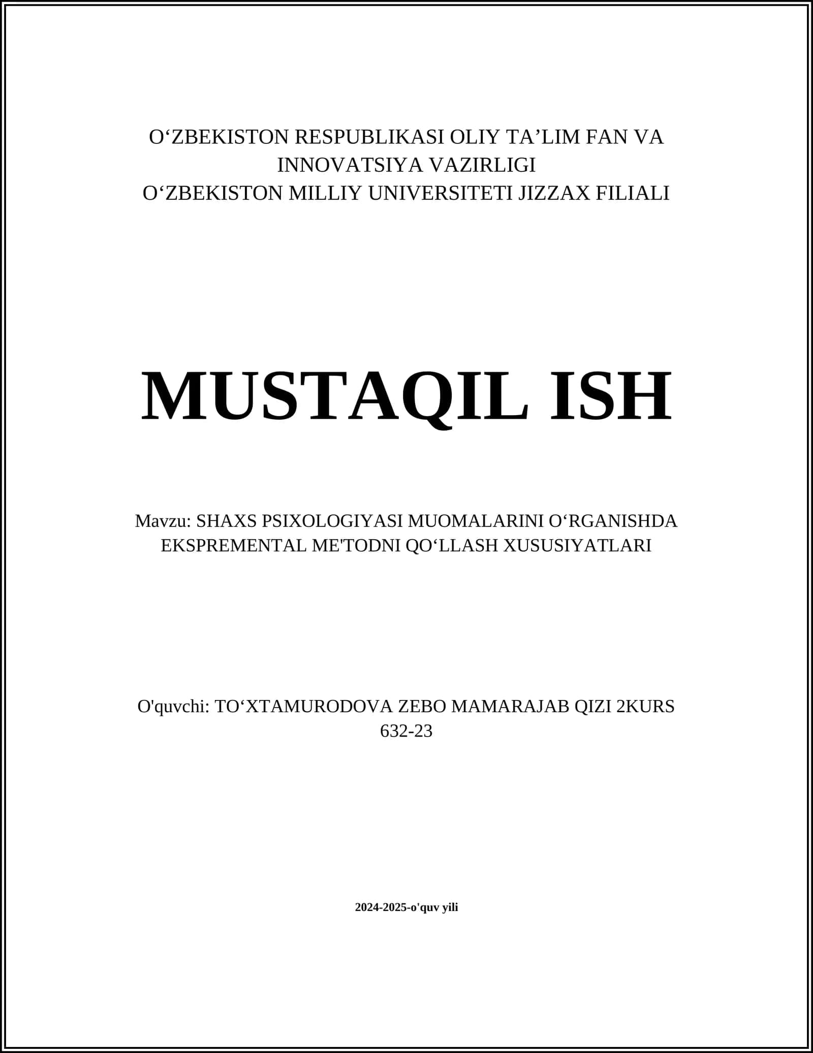 SHAXS PSIXOLOGIYASI MUOMALARINI OʻRGANISHDA EKSPREMENTAL ME'TODNI QOʻLLASH XUSUSIYATLARI 1