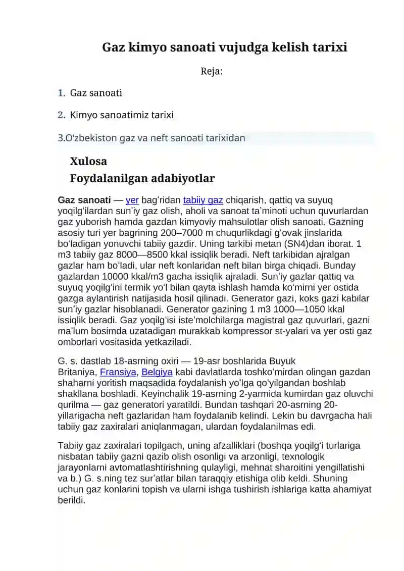 Gaz kimyo sanoati vujudga kelish tarixi