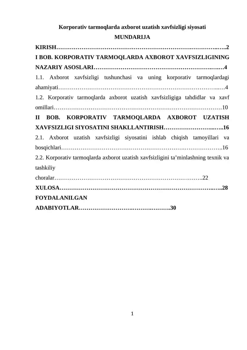 Korporativ tarmoqlarda axborot uzatish xavfsizligi siyosati 1