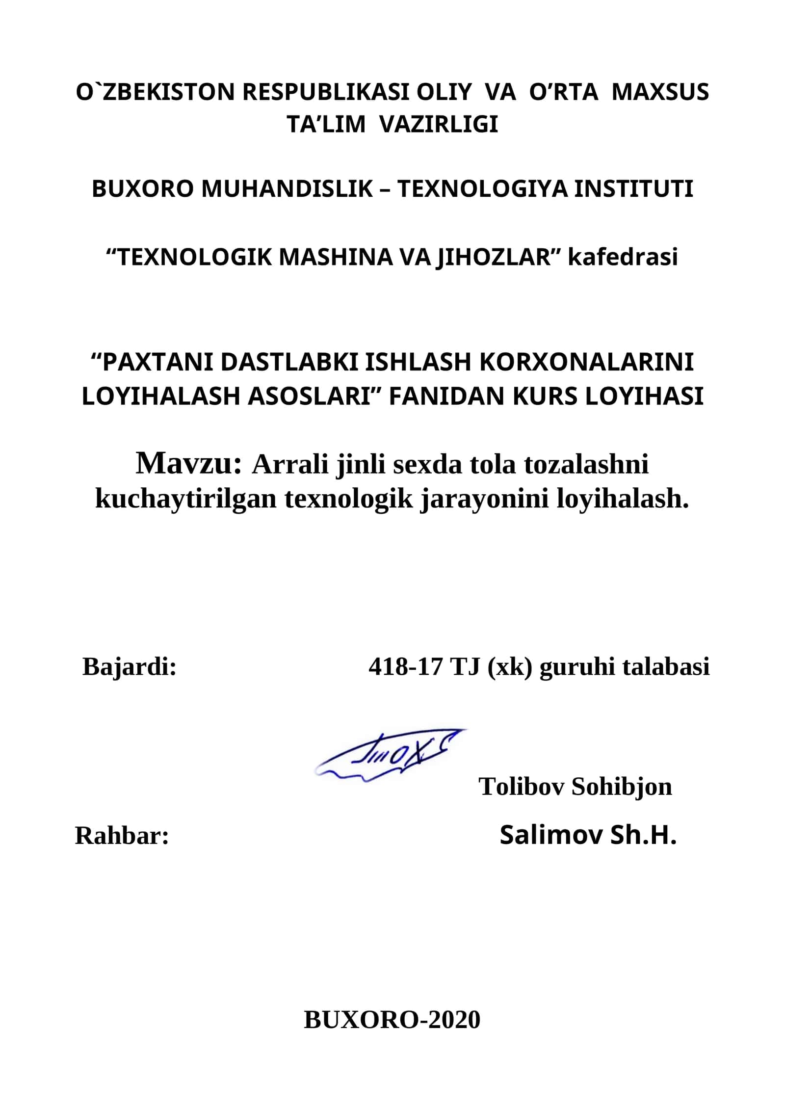 Arrali jinli sexda tola tozalashni kuchaytirilgan texnologik jarayonini loyihalash 1