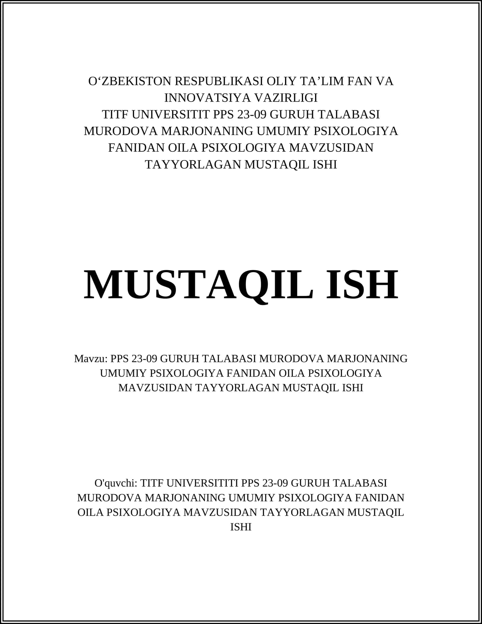 Oila Psixologiyasi Mavzusi 1