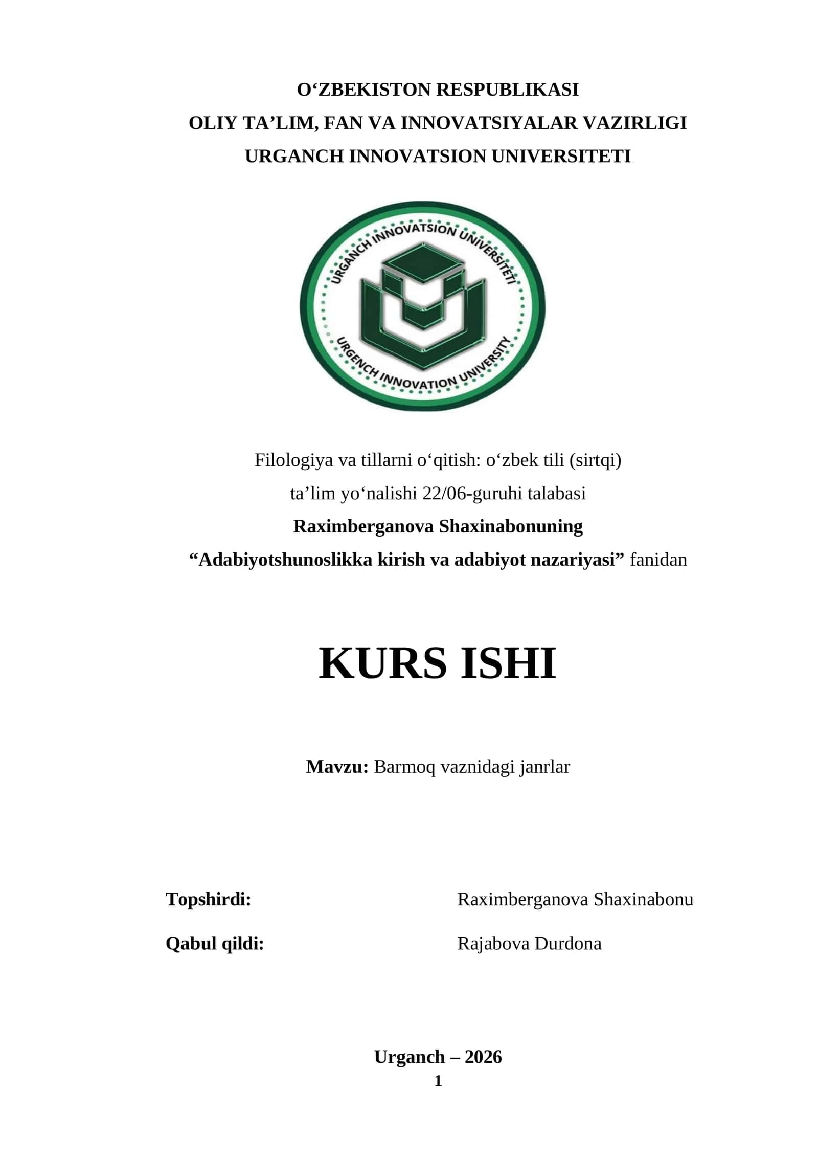 Adabiyotshunoslikka kirish va adabiyot nazariyasi 1