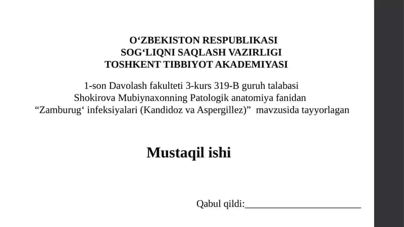 Zamburug‘ infeksiyalari (Kandidoz va Aspergillex) 1