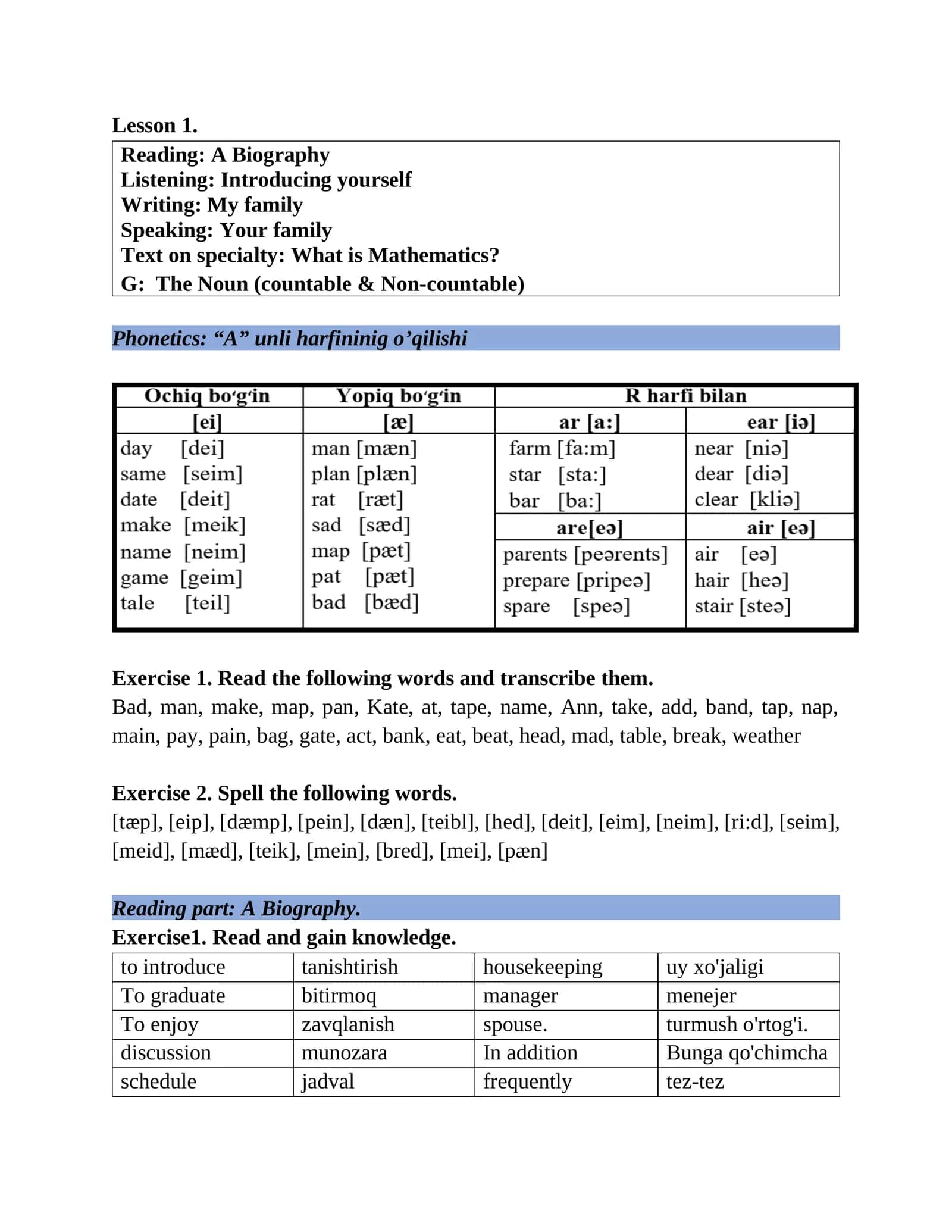 Exercise 1 & 2: Phonetics in English 1
