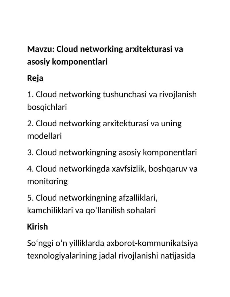 Cloud networking arxitekturasi va asosiy komponentlari 1