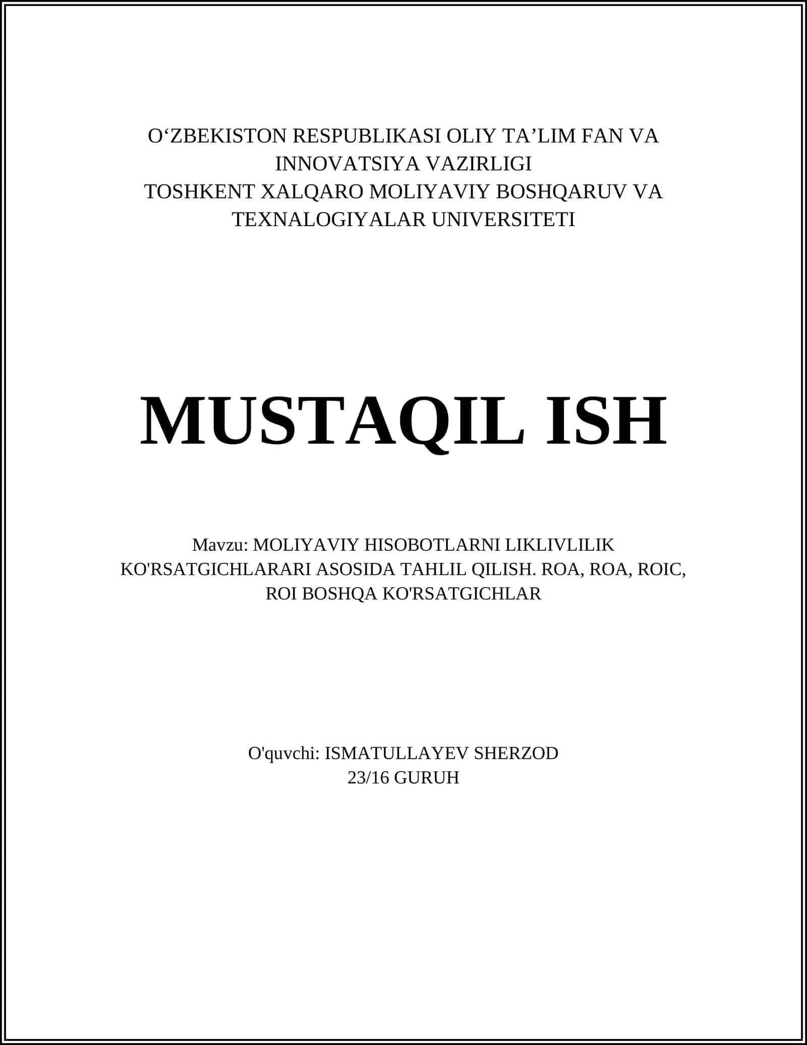 Moliyaviy ko'rsatkichlar asosida tahlil qilish 1