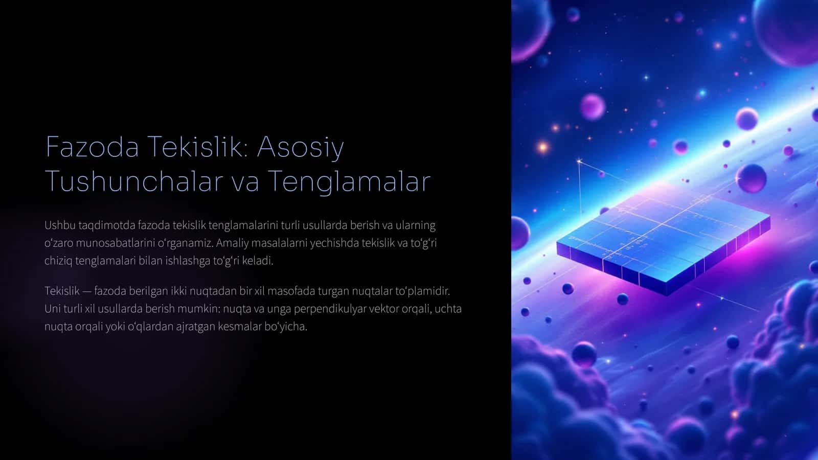 Fazoda Tekislik: Asosiy Tushunchalar va Tenglamalar 1