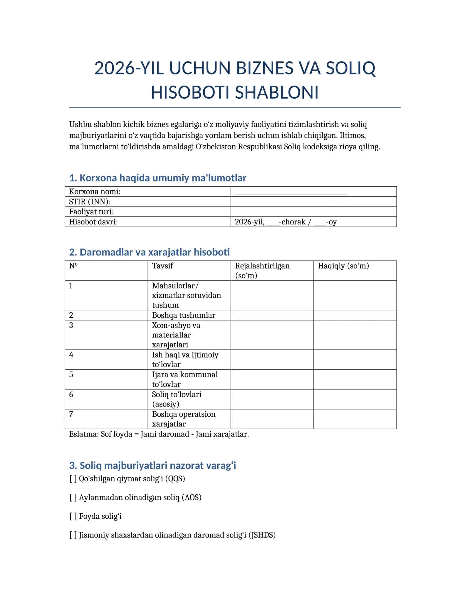 2026-YIL UCHUN BIZNES VA SOLIQ HISOBOTI SHABLONI 1