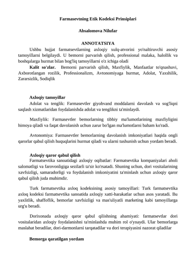 Farmasevtning Etik Kodeksi Prinsiplari 1