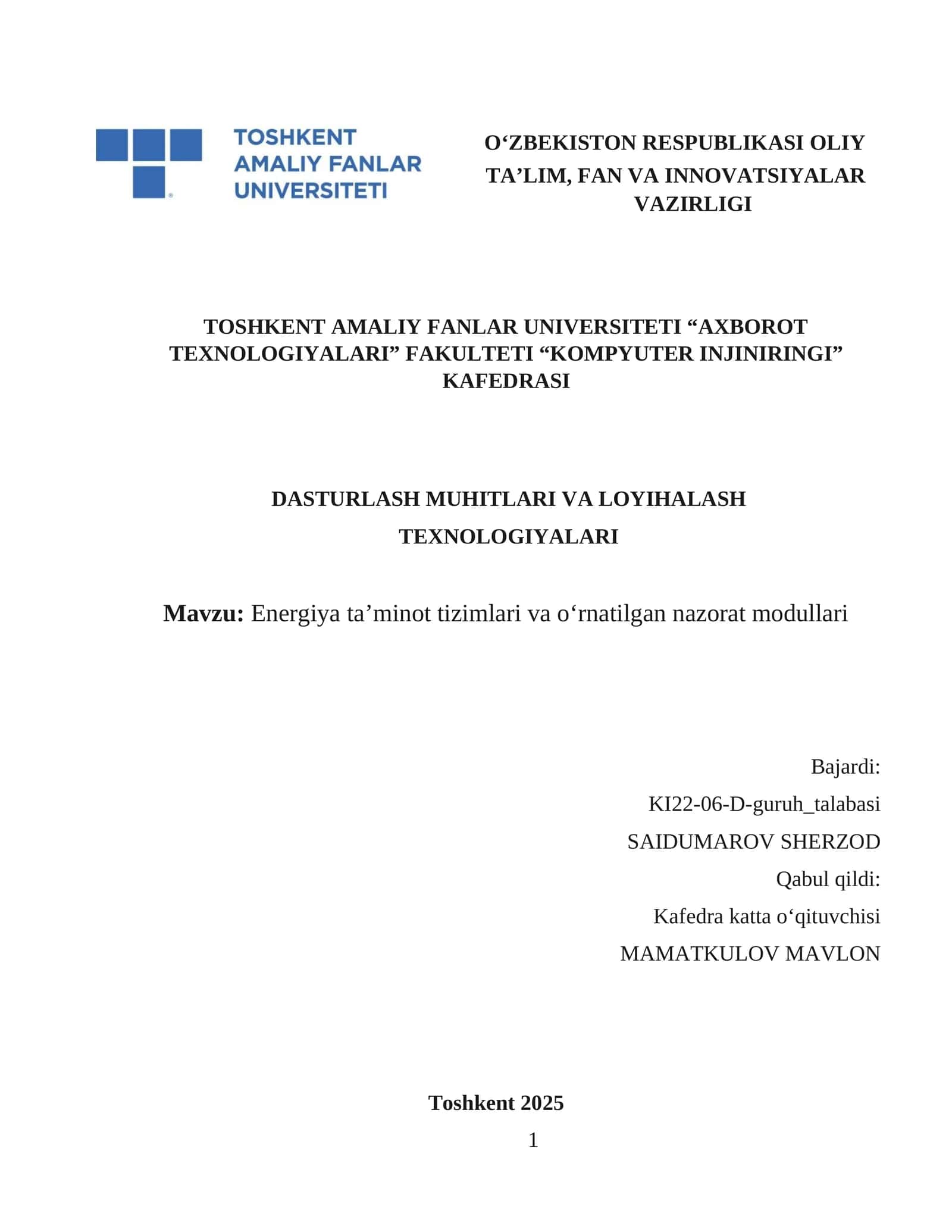 Energiya ta’minot tizimlari va o‘rnatilgan nazorat modullari 1