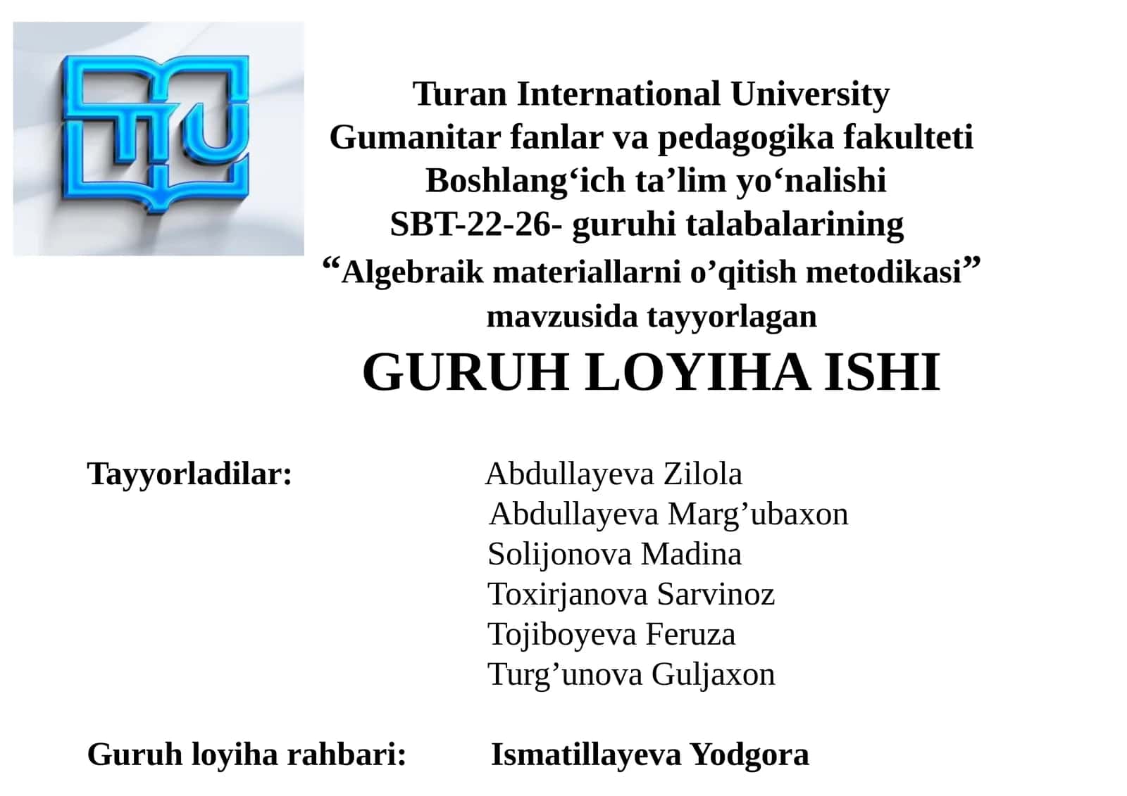 Algebraik materiallarni o‘qitish metodikasi 1