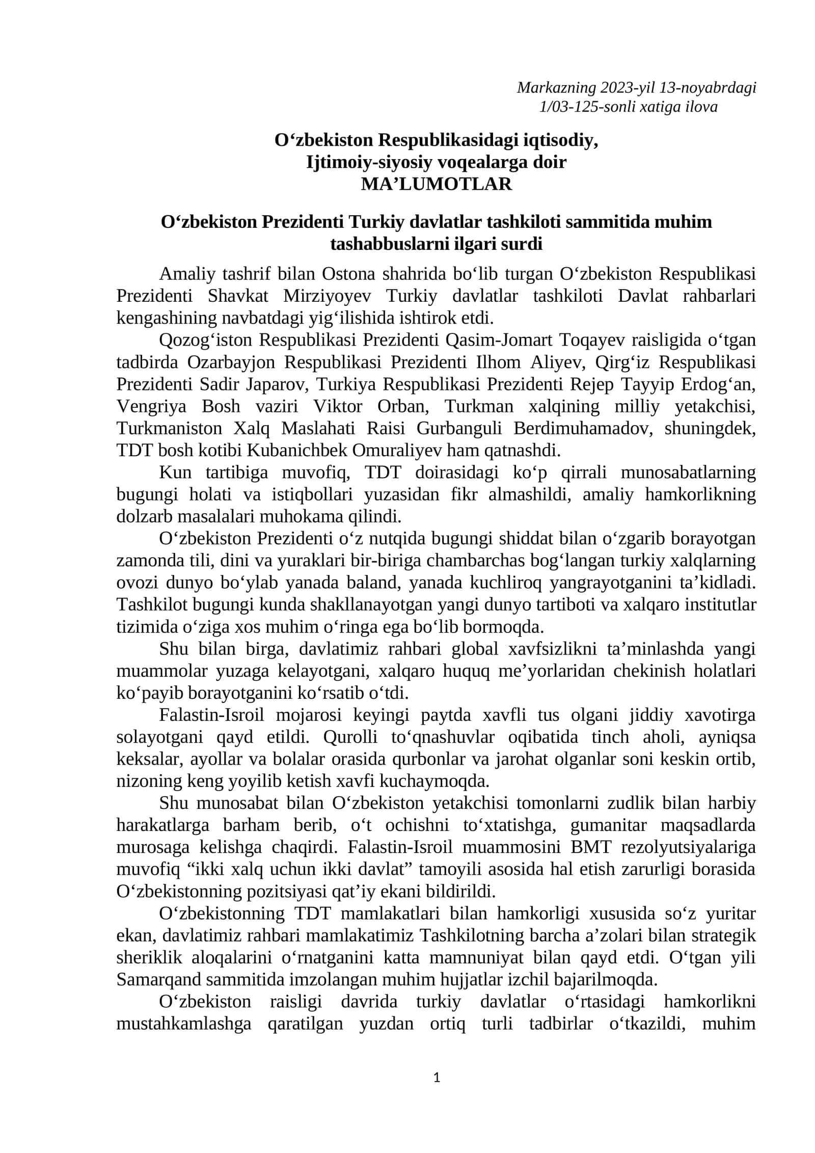 Turkiy davlatlar tashkiloti sammitida muhim tashabbuslarni ilgari surdi 1