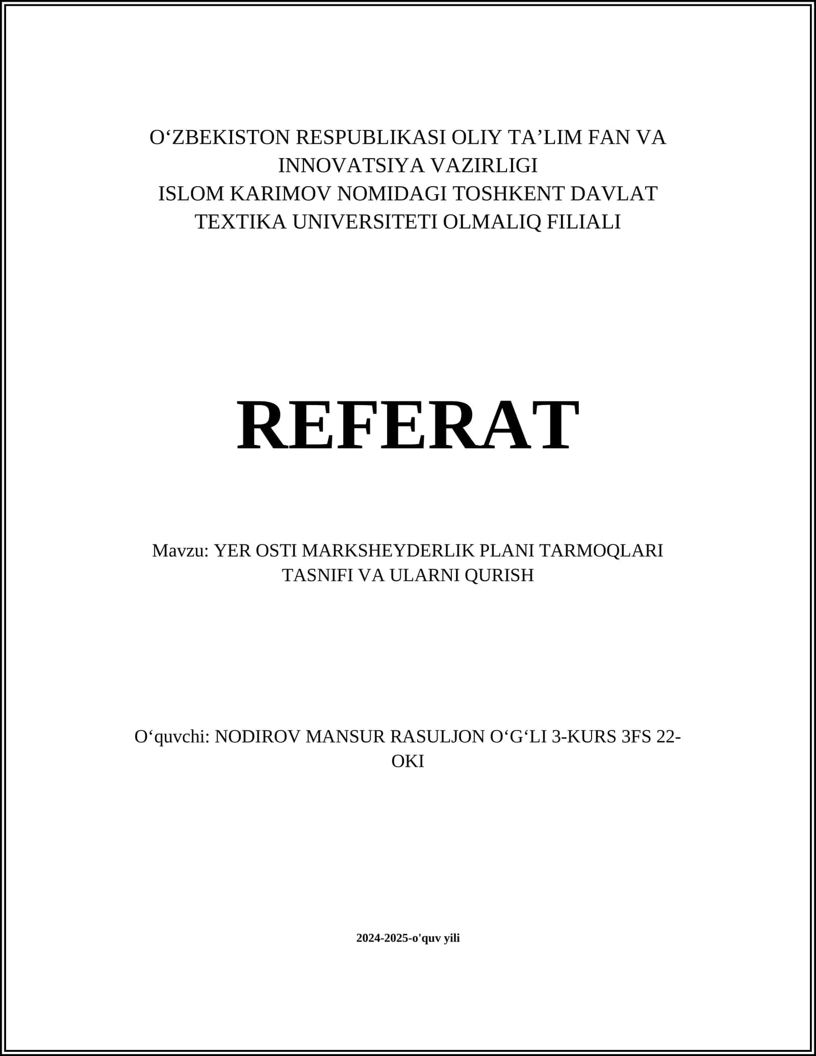 Yer osti marksheydyerlik plani tarmoqlari tasnifi va ularni qurish 1
