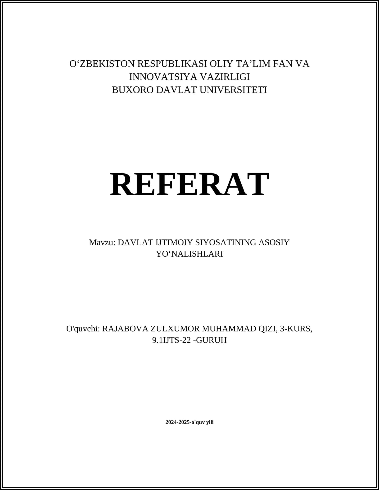 DAVLAT IJTIMOIY SIYOSATINING ASOSIY YOʻNALISHLARI 1