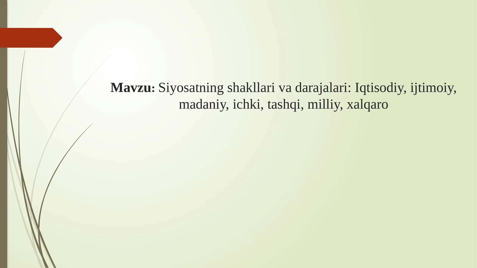 Siyosatning shakllari va darajalari Iqtisodiy, ijtimoiy, madaniy, ichki, tashqi, milliy, xalqaro 1