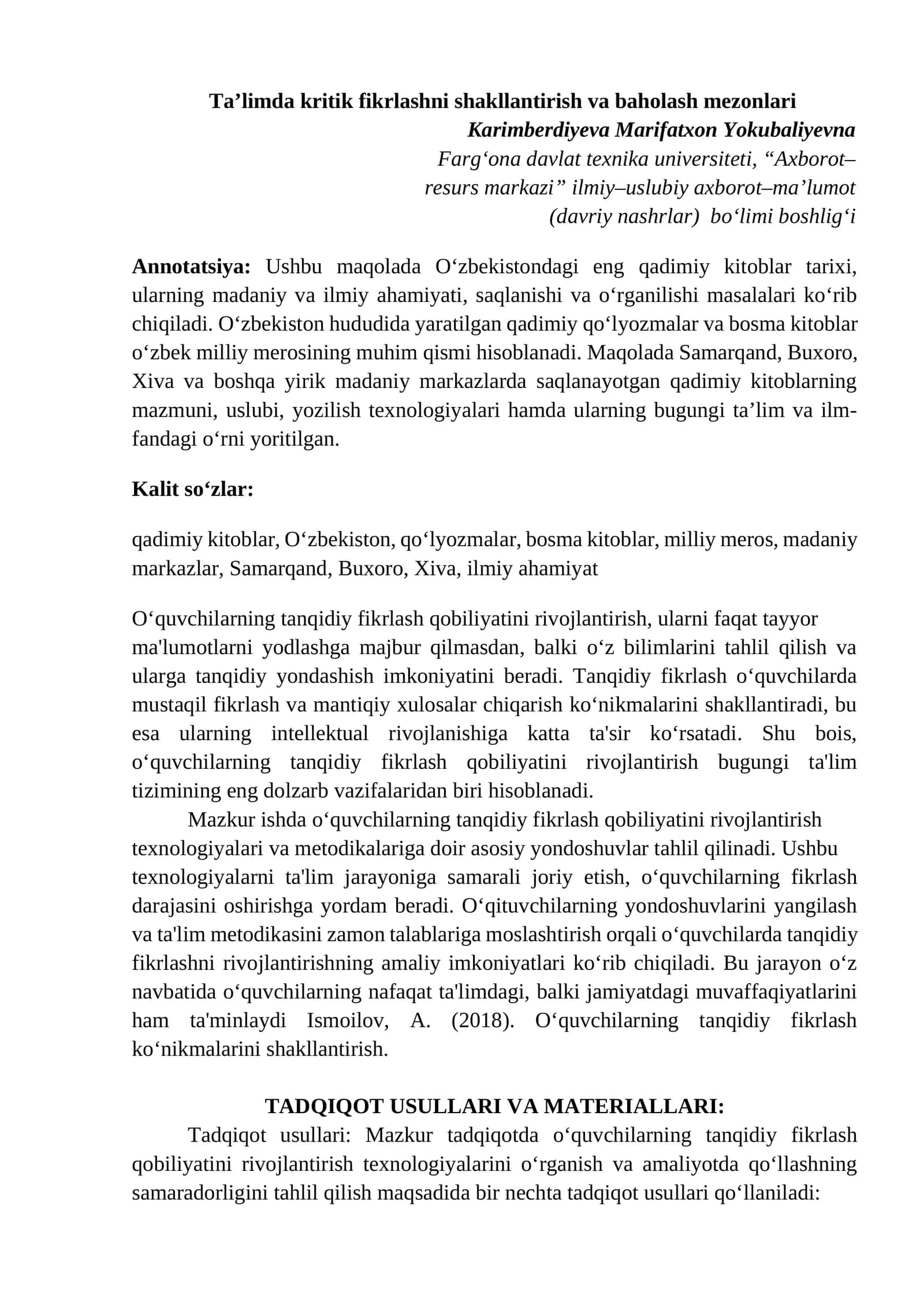 Ta’limda kritik fikrlashni shakllantirish va baholash mezonlari 1