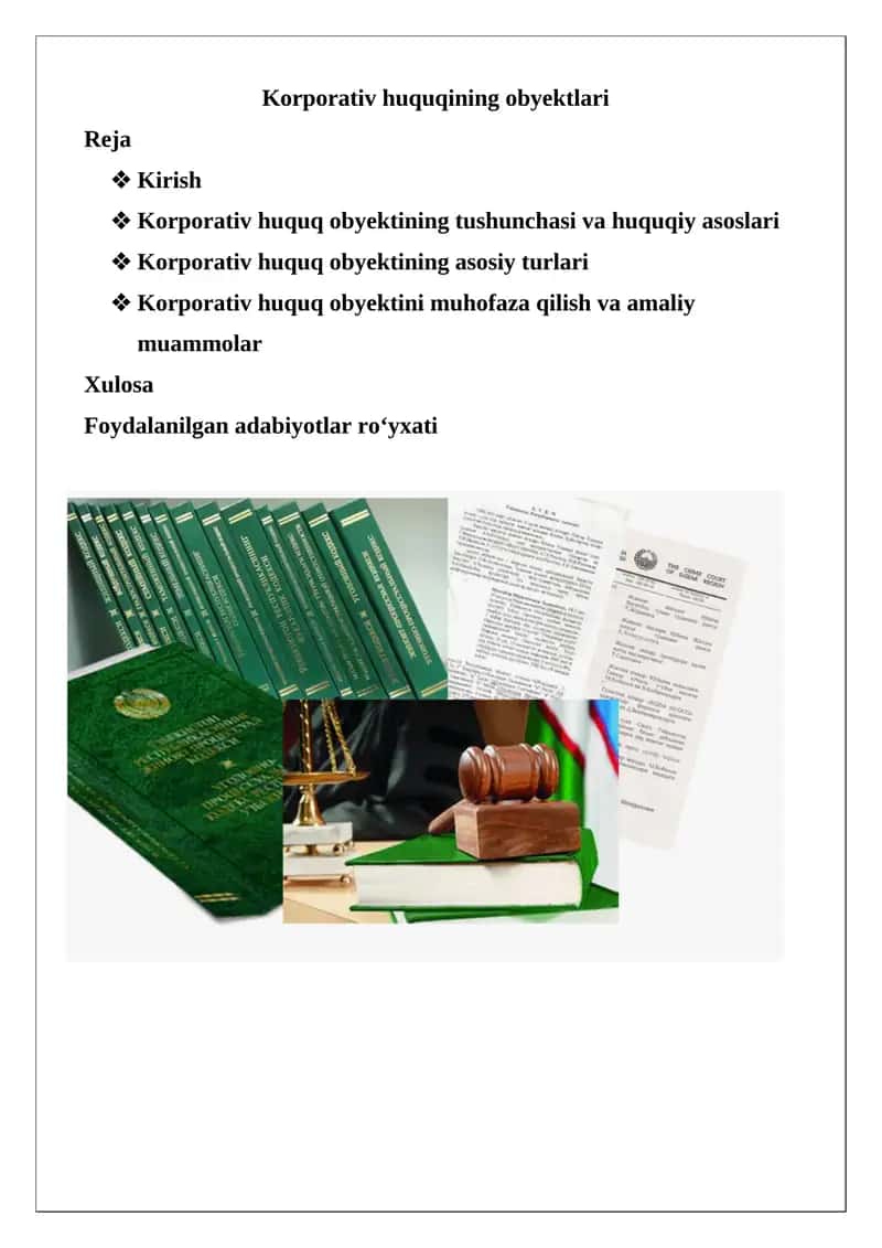 Korporativ huquqining obyektlari 1