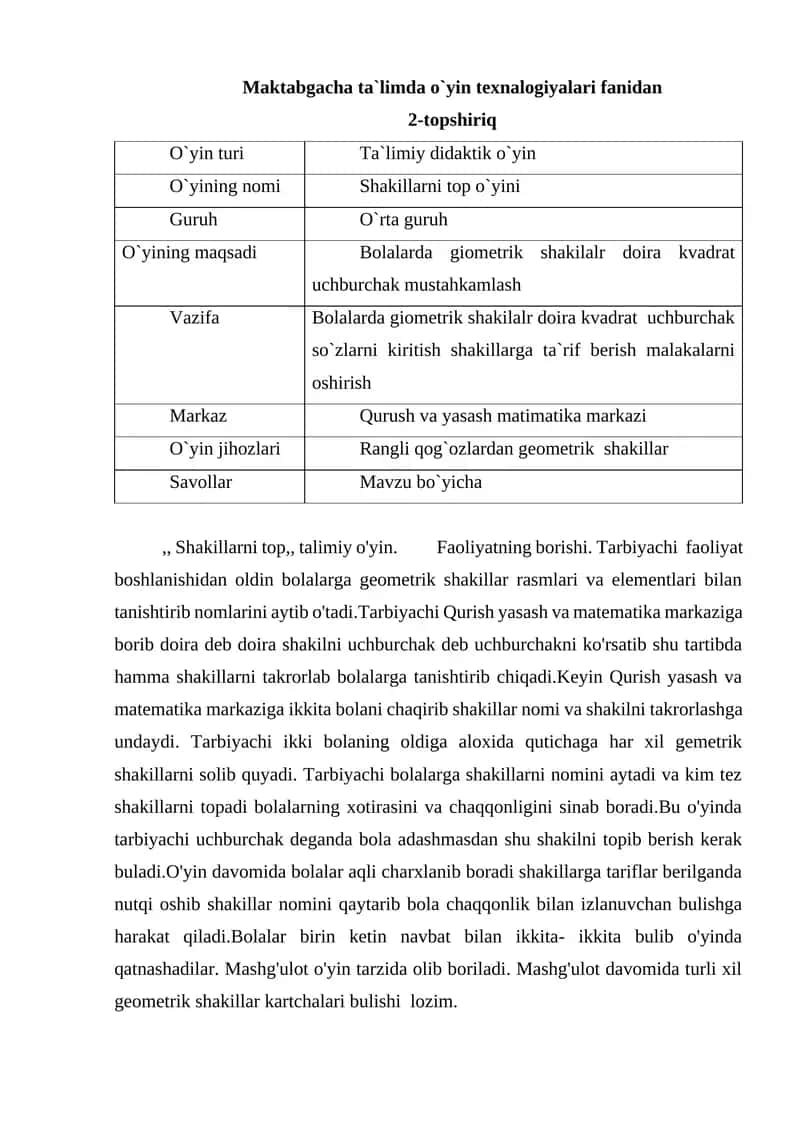 Maktabgacha taʻlimda o'yin texnalogiyalari fanidan 1