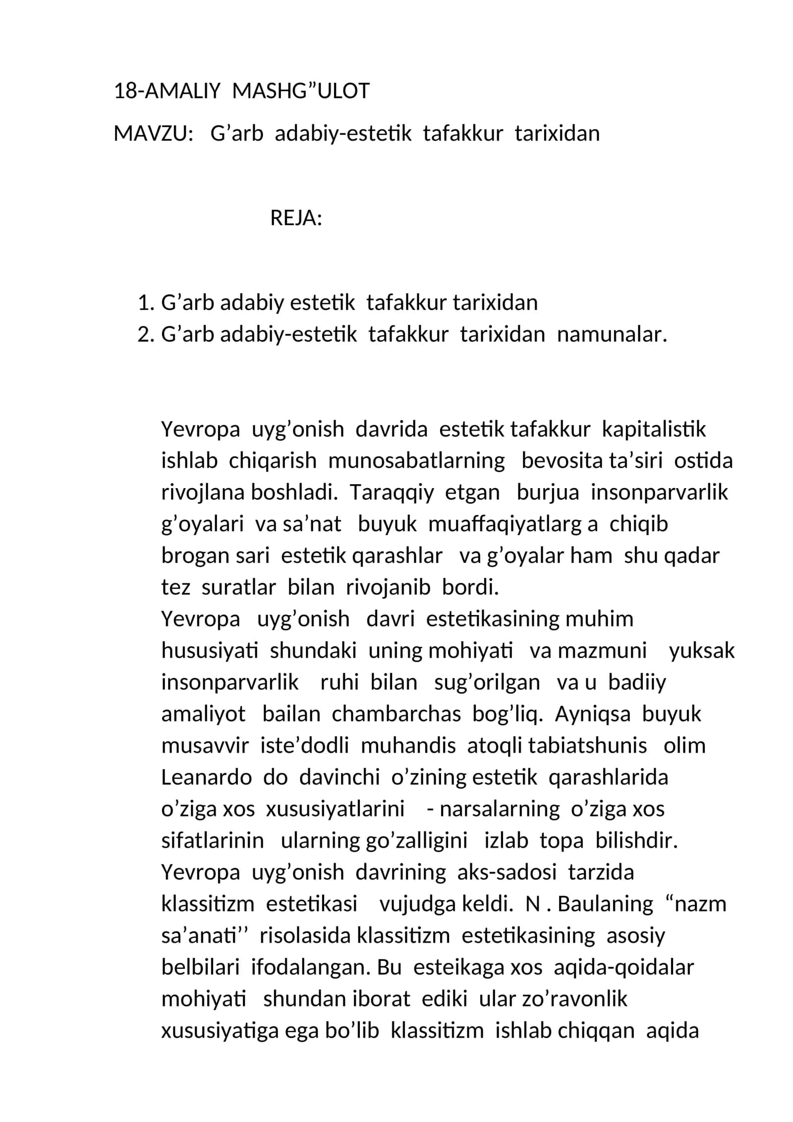 G’arb adabiy-estetik tafakkur tarixidan 1