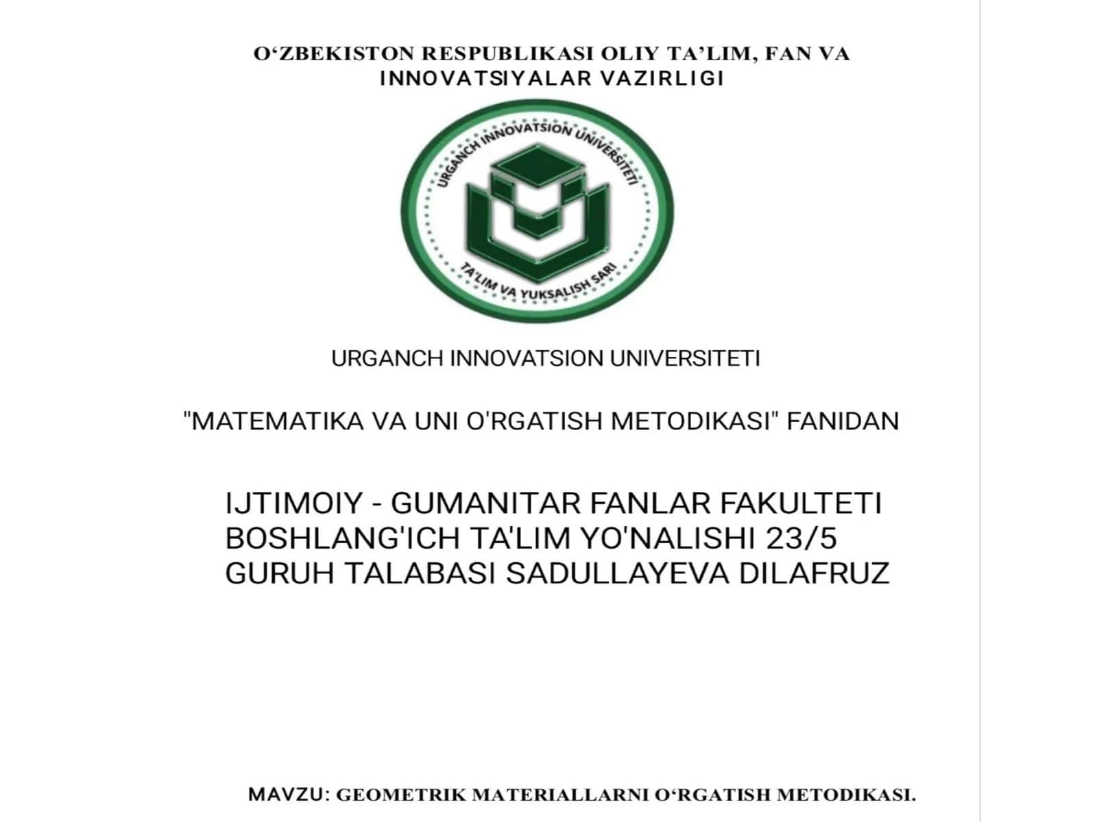 Geometrik materiallarni ôrgatish metodikasi 1