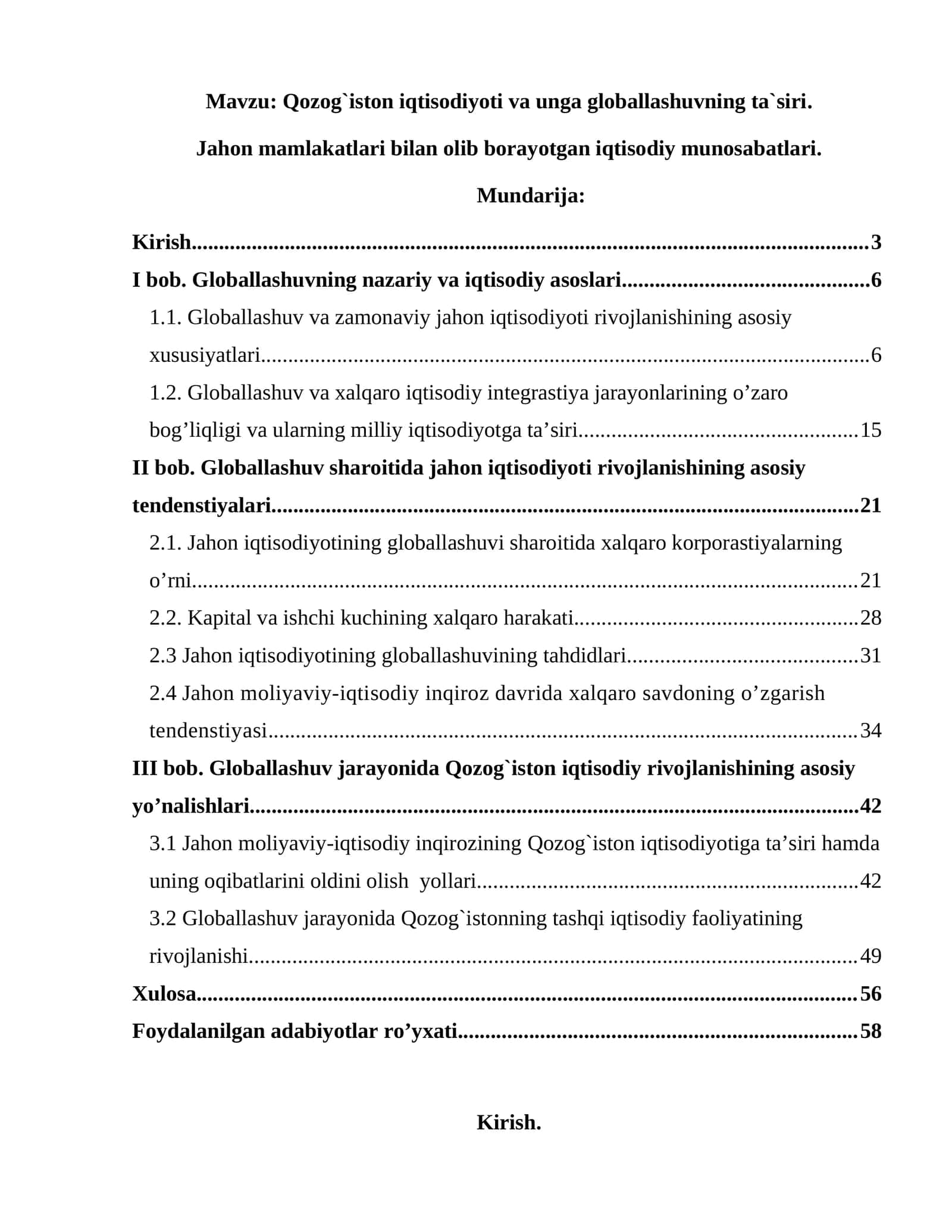 Qozog`iston iqtisodiyoti va unga globallashuvning ta`siri 1