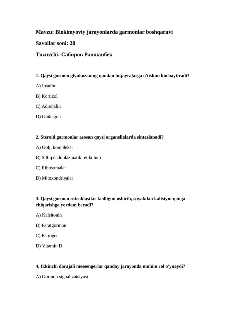Biokimyoviy jarayonlarda garmonlar boshqaruvi 1