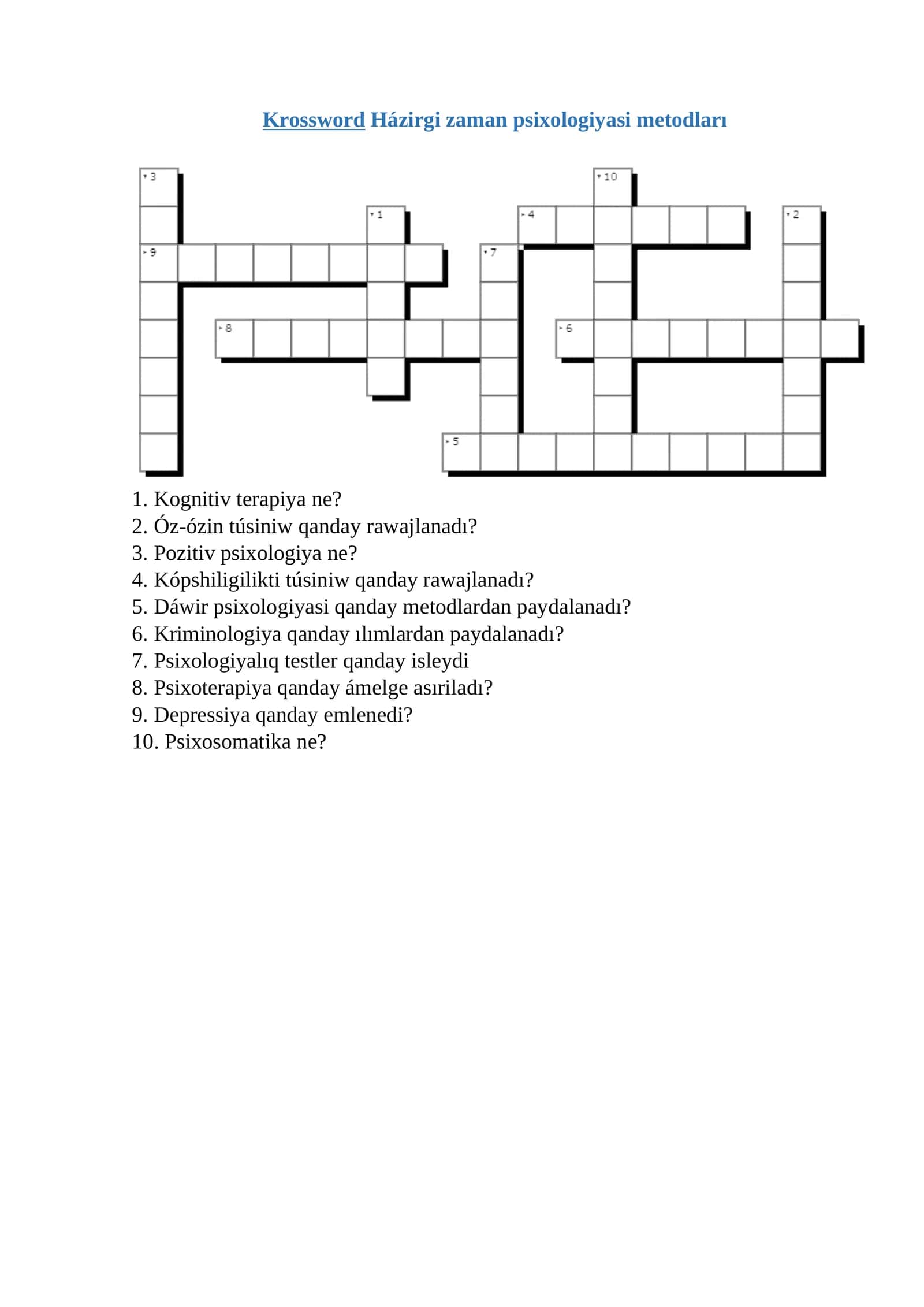 Krossword Házirgi zaman psixologiyasi metodları 1