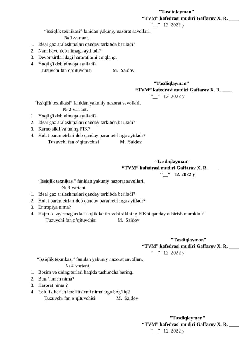 Issiqlik texnikasi yakuniy nazorat savollari 1