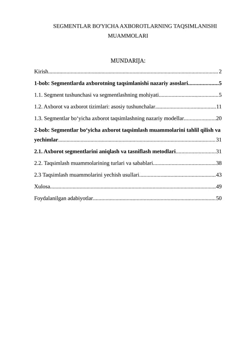 SEGMENTLAR BO'YICHA AXBOROTLARNING TAQSIMLANISHI MUAMMOLARI 1